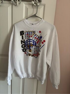 Vintage Bingo Sweater Womens Med White Long Sleeve Crew Grandmacore Lotto